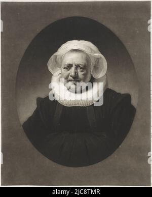 Portrait d'Aechje Claesdr. Veuve du brasseur de Rotterdam Jan Dammaszn. Pesser, Portrait d'Aechje Claesdr., imprimerie: Charles Howard Hodges, (mentionné sur l'objet), après: Rembrandt van Rijn, (mentionné sur l'objet), éditeur: Charles Howard Hodges, (mentionné sur l'objet), Amsterdam, 1814, papier, gravure, h 403 mm × l 284 mm Banque D'Images