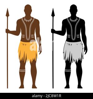 Ensemble vectoriel d'homme guerrier aborigin noir africain avec art du corps traditionnel, tenant une lance, et vêtu d'une robe ethnique, isolée sur fond blanc. Illustration de Vecteur