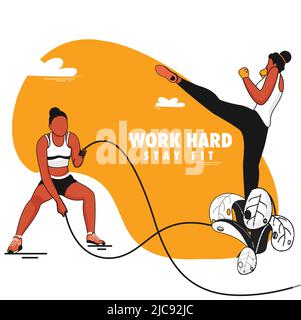 Concept Work Hard Stay Fit avec des jeunes femmes sans visage faisant de l'exercice sur fond blanc et orange. Illustration de Vecteur