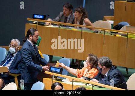 (220611) -- NATIONS UNIES, 11 juin 2022 (Xinhua) -- la photo montre une vue de l'élection des membres du Conseil économique et social de l'ONU lors d'une réunion à l'Assemblée générale de l'ONU au siège de l'ONU à New York sur 10 juin 2022. Dix-sept États ont été élus vendredi au Conseil économique et social des Nations Unies, l'organe de coordination du travail économique et social des agences et fonds des Nations Unies, pour un mandat de trois ans. (Eskinder Debebe/un photo/Handout via Xinhua) Credit: Xinhua/Alay Live News Banque D'Images