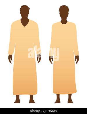 Homme et femme dans une tradition musulmane dégel des robes ethniques, debout isolé sur un fond blanc. Illustration vectorielle de vêtements Arabic Dishdahsa, Kandourah, Jubbah. Illustration de Vecteur