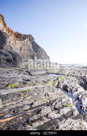 Falaises volcaniques spectaculaires qui encadrent la côte le long de Praia de Monte Clérigo dans le sud-ouest de l'Algarve (Portugal) Banque D'Images