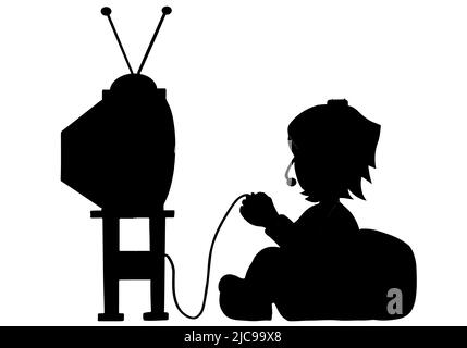 Garçon jouant à la console Jeux vidéo, enfant masculin traditionnel sur TV rétro avec antenne, Illustration de comportement classique Illustration de Vecteur