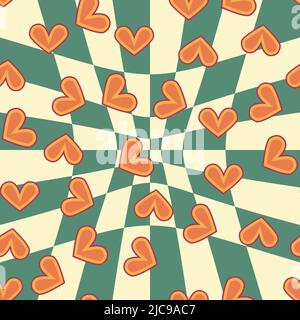 Coeur d'amour, pâquerettes, vagues de positivité rétro 70s sans coutures. Formes de coeur dispersées jaune, orange, rouge sur fond tourbillonnant. Cool, groovy Illustration de Vecteur