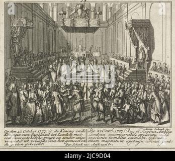 Couronnement de George II, roi d'Angleterre, et de sa femme à Westminster Abbey, Londres, 11 ou 22 octobre 1727. Avec légendes en néerlandais et en français. Fragment d'une grande plaque avec neuf représentations d'événements de l'année 1727, couronnement de George II, roi d'Angleterre le 22nd octobre 1727, Le roi et la reine d'Angleterre ont été couronnés à Londres avec une pompe inoubliable et sans aucun désordre à la joie des gens communs et du grand , imprimeur: Leonard Schenk, Adolf van der Laan, éditeur: Pieter Schenk (II), (mentionné sur l'objet), Amsterdam, 1727 - 1729, papier, gravure, h 157 mm × l Banque D'Images