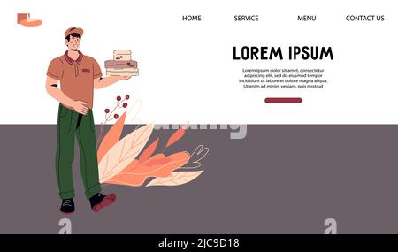 Restaurant ou service de restauration à emporter avec serveur souriant, illustration vectorielle plate. Illustration de Vecteur