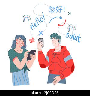 Application de traduction multilingue en ligne ou vecteur d'apprentissage des langues étrangères isolé. Illustration de Vecteur