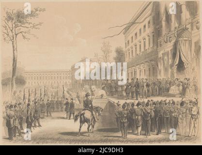 Le roi Léopold distribue les banderoles à la fête de tournage à Bruxelles, le 23 septembre 1848. Sur la place en face du Palais Royal. Borgne-estampé 'Mus, imprimeur: Lisbet, (mentionné sur l'objet), imprimeur: G. Stapleaux, (mentionné sur l'objet), Imprimeuse: Belgique, imprimante: Bruxelles, 1848 - 1850, papier, h 395 mm × l 470 mm Banque D'Images