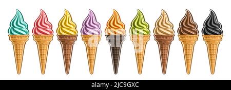 Vector Ice Cream Set, lot collection de 9 découper différentes illustrations de glaces rafraîchissantes réalistes, bannière horizontale avec ci de tourbillon coloré Illustration de Vecteur