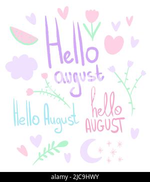 Carte d'illustration vectorielle avec inscription Hello august. Dessin à la main. Affiche d'image conceptuelle pour les impressions murales, maquette. Illustration de Vecteur