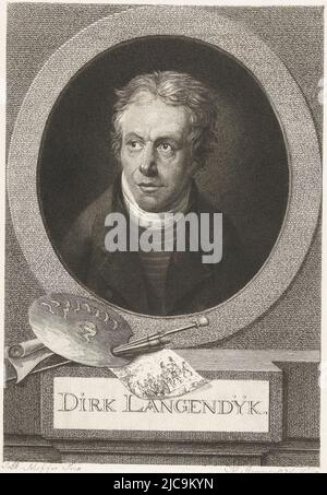 Portrait de l'artiste Dirk van Langendijk avec palette, pinceaux et dessin, Portrait de Dirk van Langendijk, Imprimeur: Joannes Bemme, (mentionné sur objet), dessinateur intermédiaire: Joannes Bemme, (mentionné sur objet), d'après: Johan Bernard Scheffer, (mentionné sur objet), c. 1805, papier, gravure, h 243 mm × l 172 mm Banque D'Images