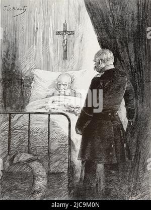 Traduction en anglais : « LA MORT DE L'EMPEREUR allemand M. DE BISMARCK SUR LE LIT DE LA MORT » - Original en français : « LA MORT DE l'EMPEREUR d'ALLEMAGNE M. DE BISMARCK au LIT DE MORT » - extrait de « l'Illustration, Journal universel el » Journal illustré français d'époque 1888 Banque D'Images