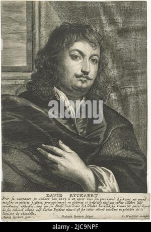 Autoportrait rectangulaire de David Rijckaert, peintre d'Anvers buste à droite l'imprimé a une légende française avec le nom de la personne représentée et quelques informations de fond, autoportrait de David Rijckaert, imprimeur: Frederik Bouttats (I), (mentionné sur l'objet), après: David Rijckaert (III), (mentionné sur objet), éditeur: Joannes Meyssens, (mentionné sur objet), Anvers, 1622 - 1676, papier, gravure, h 160 mm × l 111 mm Banque D'Images