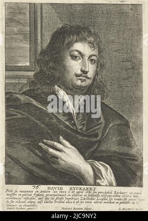 Autoportrait rectangulaire de David Rijckaert, peintre d'Anvers buste à droite l'imprimé a une légende française avec le nom de la personne représentée et quelques informations de fond, autoportrait de David Rijckaert, imprimeur: Frederik Bouttats (I), (mentionné sur l'objet), après: David Rijckaert (III), (mentionné sur objet), éditeur: Joannes Meyssens, (mentionné sur objet), Anvers, 1622 - 1676, papier, gravure, h 163 mm × l 111 mm Banque D'Images