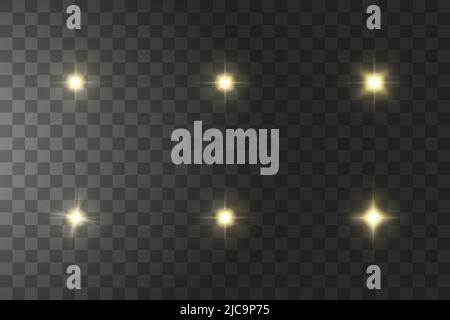 Ensemble d'étoiles à effet de lumière jaune vectoriel éclate avec des éclats de lumière sur fond transparent. Étoiles transparentes Illustration de Vecteur