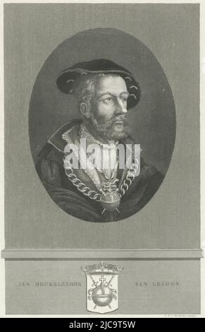 Portrait de Jan Beukelszoon van Leiden, chef des anabaptistes radicaux et nommé par lui-même roi des anabaptistes en M, imprimeur: Jan Frederik Christiaan Reckleben, (mentionné sur l'objet), Amsterdam, 1847 - 1849, papier, gravure en acier, h 276 mm × l 175 mm Banque D'Images