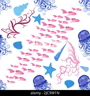 Animaux de méduse motifs brillants sans couture. Motif sans couture avec méduses détaillées. Jolis poissons dessinés à la main et méduses en forme de coolé. Fond de pépinière tendance. Illustration de Vecteur