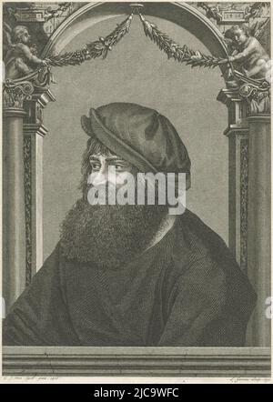 Portrait d'un peintre inconnu du buste du XVe siècle à la gauche l'homme a une grande barbe noire en arrière-plan une arche triomphale avec deux putti selon l'imprimé après un tableau de Jan et Hubert van Eyck cette attribution est peu probable partie d'une série De gravures d'après des peintres flamands, allemands et néerlandais, Portrait d'un peintre inconnu le Portrait d'un enfant du temps Collection de gravures d'après des peintres flamands, allemands et néerlandais Galerie des tourbières flamands, hollandais et allemands du Brun , imprimerie : Louis E.F. Garreau, (mentionné sur l'objet), après: Hubert en Jan van Banque D'Images