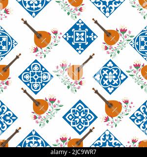 Guitare portugaise modèle sans couture avec fleurs, tuiles azulejo typiques. Musique et traditions musicales Illustration de Vecteur