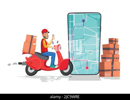 Commande en ligne et livraison par scooter concept avec des boîtes et un localisateur de carte sur un téléphone Illustration de Vecteur
