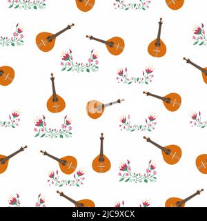 Guitare portugaise modèle sans couture avec fleurs, tuiles azulejo typiques. Musique et traditions musicales Illustration de Vecteur