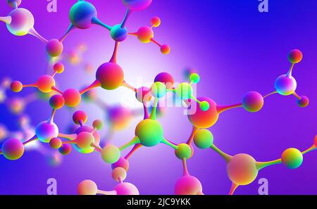 Conception de maillage moléculaire néon. Violet ultraviolet. 3D illustration d'une molécule abstraite colorée Banque D'Images