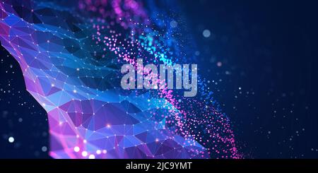 Résumé réseau neuronal 3D illustration. Big Data. Base de données mondiale et intelligence artificielle. Arrière-plan lumineux et coloré avec effet bokeh Banque D'Images