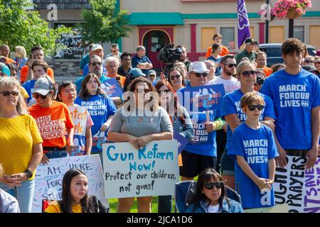 Oxford, Michigan, États-Unis. 11th juin 2022. Des centaines de personnes se sont ralliées à des lois plus strictes sur le contrôle des armes à feu dans la ville où quatre étudiants ont été abattus à l'école secondaire d'Oxford en novembre 2021. C'était l'un des nombreux rassemblements organisés en mars pour notre vie à travers le pays pour protester contre la violence par les armes à feu et les fusillades de masse. Le rassemblement d'Oxford a été organisé par le groupe d'étudiants No future Without Today. Crédit : Jim West/Alay Live News Banque D'Images