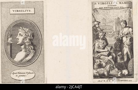 Deux tirages sur une feuille à gauche : médaillon avec portrait de Virgile à gauche, avec couronne de Laurier à droite : Un écrivain, éventuellement Virgile, est assis à côté d'une femme debout derrière lui est un soldat ils sont entourés d'animaux y compris un lion, un boeuf, des moutons et un lapin en arrière-plan une ville, écrivain et femme entouré d'animaux page titre pour: Vergil et Nicolaas Heinsius, P Virgilius Maro ackerante NIC Heinsis Dan fil, 1717, Imprimeur: Anonyme, éditeur: Rudolph & Gerard Wetstein, (mentionné sur l'objet), Amsterdam, 1717, papier, gravure, h 100 mm - l 55 mm - h 96 mm - l 55 mm Banque D'Images