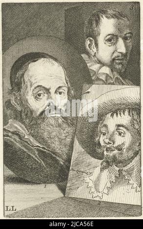 Trois portraits d'artistes numérotés Portrait de Hendrick Goltzius no 1, Hendrik Cornelisz Vroom no 2 et Cornelis Cornelisz van Haarlem no 3 imprimé en bas à gauche: LL, Portraits de Hendrick Goltzius, Hendrik Cornelisz Vroom et Cornelis Cornelisz van Haarlem, imprimeur: Jan l'Admiral, 1764, papier, gravure, h 154 mm × l 99 mm Banque D'Images