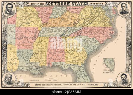 États du Sud carte 1863. Titre original: 'map of the Southern States, including Rail Roads, County Towns, State Capitals, Country Roads, La côte sud du Delaware au Texas, montrant les ports, les anses, les forts et les positions des navires à blocus. Publiée en 1863, la carte montre les États confédérés sans nommer la Confédération. Il donne des détails historiques importants, y compris les chemins de fer et le blocus naval. Les médaillons de chaque coin offrent des portraits de joueurs clés du côté de l'Union. Banque D'Images