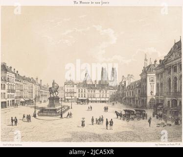 Vue de la place du Martroi en ORL, imprimeuse: Léon Auguste Asselineau, (mentionnée sur l'objet), dessinateur intermédiaire: Léon Auguste Asselineau, (mentionnée sur l'objet), imprimeur: Destouches, (mentionnée sur l'objet), imprimeuse: Rouen, Dessinateur intermédiaire: Rouen, imprimeur: Paris, éditeur: Paris, 1853 - 1856, papier, h 291 mm × l 432 mm Banque D'Images