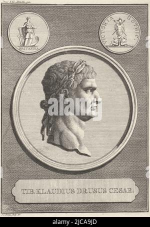 Médaille avec le portrait de Claudius i Tiberius Claudius Drusus Caesar, empereur romain dans les coins supérieurs pièces romaines, Portrait de l'empereur Claudius I, Imprimeur: Jan Caspar Philips, (mentionné sur l'objet), Jan Caspar Philips, (mentionné sur l'objet), Amsterdam, 1746, papier, gravure, h 183 mm × l 132 mm Banque D'Images