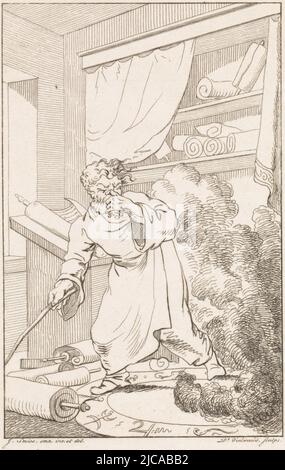 Un homme pince son nez au panache de fumée qu'il vient de générer dans un cercle avec les signes du zodiaque autour de lui beaucoup de rouleaux de papier en bas à droite: Page 16 en bas à gauche: Antique Helicon en haut à droite: PL I, Magicien au travail Appion presque étouffé de la fosse qu'il a laissé derrière lui, imprimerie: Daniël Veelwaard (I), (mentionné sur objet), dessinateur intermédiaire: Jacob Smies, (mentionné sur objet), éditeur: François Bohn, Haarlem, 1803, papier, gravure, h 187 mm × l 110 mm Banque D'Images
