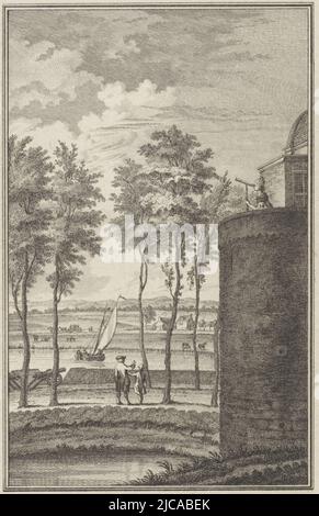 Une femme sur une tour regarde à travers une paire de jumelles sur la rive de la rivière IJssel les remparts de Zutphen, avec deux figures en conversation près d'un canon, une femme sur une tour près des remparts de Zutphen, imprimeur: Reinier Vinkeles (I), dessinateur intermédiaire: Johan Antonie Kaldenbach, Amsterdam, 1786, papier, gravure, gravure, h 227 mm × l 146 mm Banque D'Images