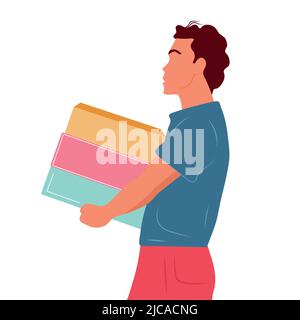 Le gars porte des boîtes, un cadeau. Livraison de colis jour et nuit. Vecteur plat Illustration de Vecteur
