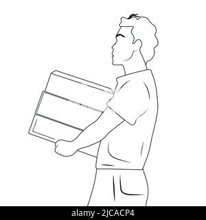 Le gars porte des boîtes, un cadeau. Livraison de colis jour et nuit. Vecteur plat Illustration de Vecteur