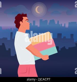 Le gars porte des boîtes, un cadeau. Livraison de colis jour et nuit. Vecteur plat Illustration de Vecteur
