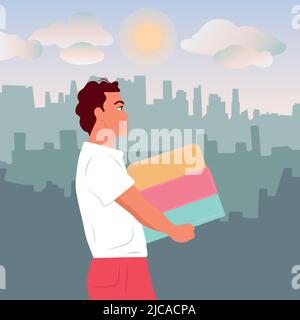 Le gars porte des boîtes, un cadeau. Livraison de colis jour et nuit. Vecteur plat Illustration de Vecteur
