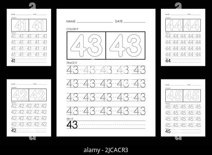 Numéros de traçage et de coloriage feuilles de travail apprendre les numéros. Illustration de Vecteur