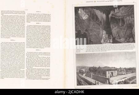 A l'intérieur de la grotte il y a quatre personnages, l'un d'eux un artiste, Intérieur de la grotte de Ratapignata dans la Pyramide de Falicon vue du cimetière anglais sur la colline de Caucade à Nice Grotte de Falicon ou de Monte Calvo Temple et cimétiere des Anglais souvenir de la ville de Nice maritime et de ses environs , imprimerie: Paul-Émile Barberi, (mentionné sur l'objet), rapporteur pour avis: Paul-Émile Barberi, (mentionné sur l'objet), imprimeur: François Jean villain, (mentionné sur l'objet), imprimeur: Paris, éditeur: Nice, 1834, papier, impression typographique, h 373 mm × l 285 mm × h 373 mm Banque D'Images