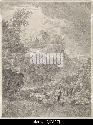 Un paysage montagneux avec une petite rivière au premier plan par la rivière deux bergers de repos, Arcadian Paysage avec rivière, imprimeur: Abraham Genoels, (mentionné sur l'objet), Abraham Genoels, Rome, 1676, papier, gravure, l 150 mm × h 193 mm Banque D'Images