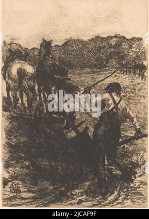 Agriculteur avec deux chevaux labourage, imprimeur: Pieter de Josselin de Jong, (mentionné sur l'objet), 1886, papier, gravure, h 280 mm × l 198 mm Banque D'Images