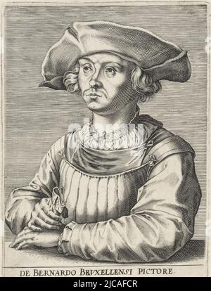 Dans la marge une légende de huit lignes en latin, Portrait de Bernard van Orley Portraits de peintres célèbres des pays Bas Pictorum aliquot celebrium praecipuae Germaniae Inferioris effigies , imprimerie: Wierix, (attribution rejetée), imprimerie: Hendrick Hondius (I), Cornelis Cort, 1610, papier, gravure, h 201 mm × l 121 mm Banque D'Images