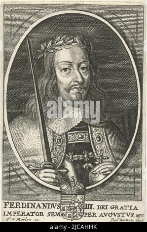 Portrait dans un cadre ovale de Ferdinand III, L'archiduc d'Autriche et l'empereur du Saint Empire romain buste à droite Ferdinand porte la couronne de Laurier sur sa tête dans ses mains la pomme impériale et l'épée impériale l'imprimé a une légende latine avec le nom de la personne représentée, Portrait de Ferdinand III Portraits d'hommes d'État , imprimerie: Frederik Bouttats (I), (mentionné sur l'objet), éditeur: Theodor van Merlen (II), (mentionné sur l'objet), Anvers, 1637 - 1676, papier, gravure, h 89 mm × l 57 mm Banque D'Images