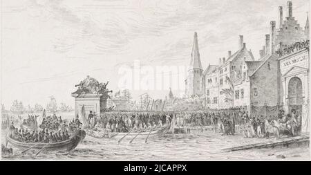 Arrivée du premier consul Napoléon Bonaparte à Anvers, 18 juillet 1803 Napoléon est ravie dans une boucle au quai où des représentants de la ville l'attendent, Prêt à lui présenter les clés de la ville sur le quai également une grande foule enthousiaste mentionnée en haut à gauche: Galrie Hisque de Versailles SG, arrivée de Napoléon à Anvers, 1803 ENTR, imprimeur: Prosper aimé Marie Brunellière, (mentionné sur l'objet), éditeur: Charles Gavard, (mentionné sur l'objet), après: Mattheus Ignatius van Bree, (mentionné sur l'objet), imprimeur: France, éditeur: Paris, après: Anvers, 1835 Banque D'Images