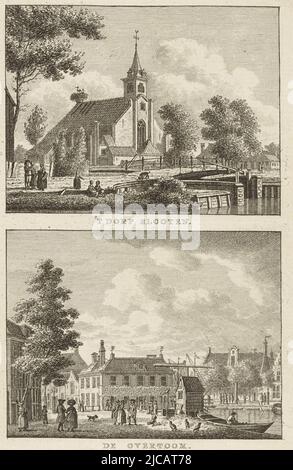 Scène de village avec église réformée hollandaise à Sloten et paysage urbain avec Overtoom à Amsterdam 'T dorp Slooten de Overtoom , imprimerie: Carel Frederik Bendorp (I), dessinateur intermédiaire: Jan Bulthuis, 1786 - 1792, papier, gravure, h 176 mm × l 248 mm Banque D'Images