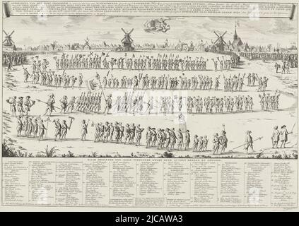 Défilé à Krommenie sur la route de Wormerveer le 8 mars 1788, célébrant l'anniversaire 40th du Prince Willem V Une longue procession s'enroule le long de la route, Avec les moulins à vent et les bâtiments de Krommenie dans le fond dans la légende les noms et professions de tous les participants à la procession et la légende A-N des bâtiments, Optocht te Krommenie op 8 maart 1788 Illustration du village de Crommenie Hierbij est gevoegt die Luisterijke Optogt, Aldaar Geschiet Op den 8ste Maart 1788, Sijnde de XLste Verjaardag van Willem de Vijfde , imprimerie: Johannes Jelgerhuis, (mentionné ci-dessus Banque D'Images