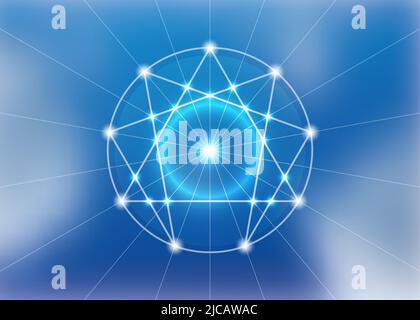 Icône Enneagram, géométrie sacrée, modèle de logo de diagramme, style de lumière néon blanche, illustration vectorielle isolée sur fond bleu ciel Illustration de Vecteur