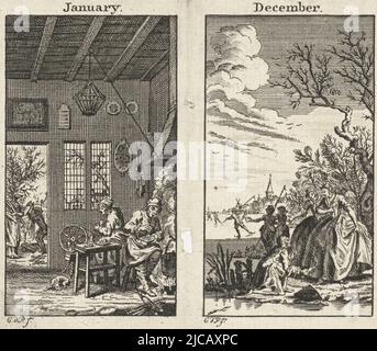 Janvier: Cuisiner les femmes de retour gauche un homme hacher le bois décembre: Paysage avec la glace de divertissement, janvier et décembre douze mois , imprimerie: Monogrammiste PIB, (mentionné sur l'objet), pays bas, 1700 - 1799, papier, gravure, h 103 mm × l 124 mm Banque D'Images